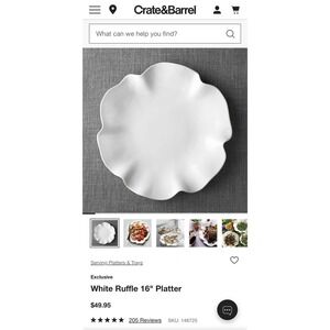 Crate & Barrel White Ruffle 16" Platter Scalloped Stoneware Serving Tray